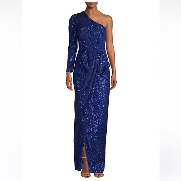 Jay Godfrey Andi Sequin One-Shoulder Blue Gown Maxi Dress.Size 10 - Picture 1 of 17